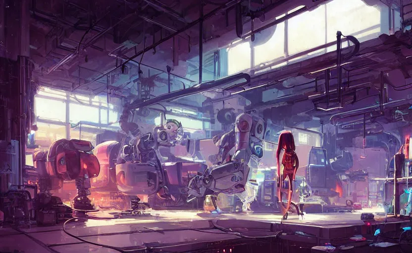 Image similar to robot repair shop, girl working on a robot, neons, indoor, concept art by greg rutkowski and james gurney, anime style ghibli