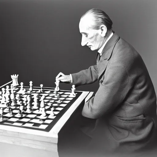 Image similar to a long exposure shot of Marcel Duchamp working on a chess readymade object, archival pigment print