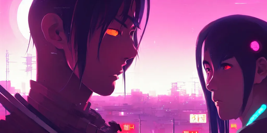 Image similar to digital illustration closeup portrait of cyberpunk samurai in city street at night by makoto shinkai, ilya kuvshinov, lois van baarle, rossdraws, basquiat | afrofuturism, in the style of hearthstone, trending on artstation | cool color scheme