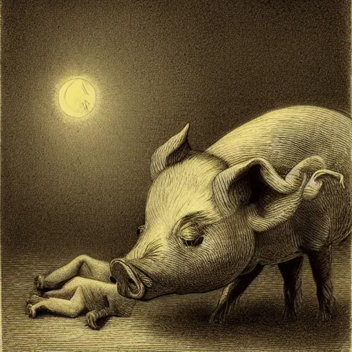 Image similar to pig, tuxedo, illustration by Gustave Doré, high detail, eerie, creepy, dark, night, misty, moon, chiaroscuro, film noir