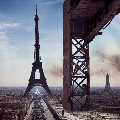 Image similar to a post apocalyptic view of france where the eiffel tower has broken down into pieces, 8 k, photorealistic