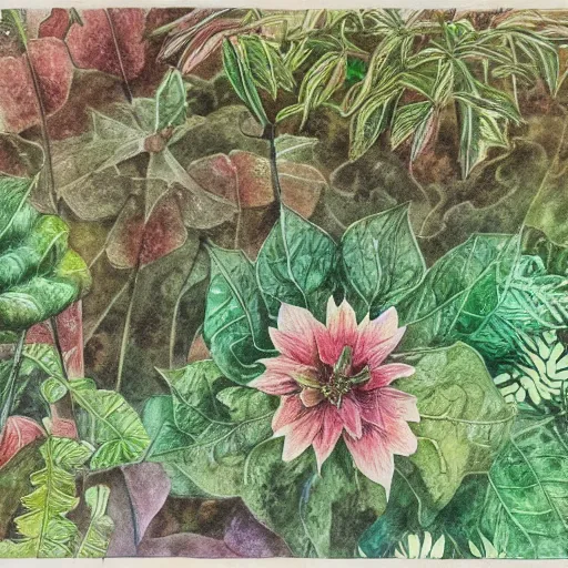 Prompt: delicate garden on paper floating puffy vines botanical 1 9 2 0 herbarium botanic watercolors river rain iridescent 8 k wide angle realistic shaded fine details, artstation italian rainbow colonnade oak pinecone gardena architecture pompeii