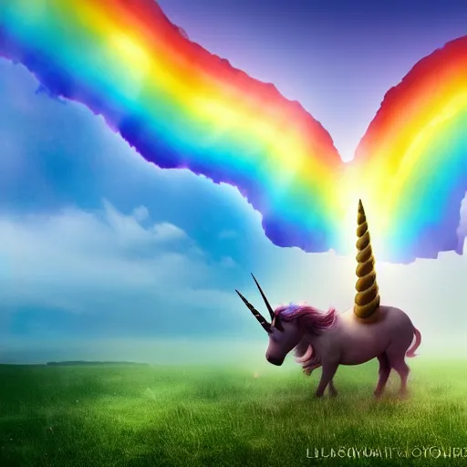 Image similar to a unicorn with a rainbow horn stood on top of a rainbow in the clouds, cinematic lighting, volumetric clouds, amazing light, award winning, ethereal, magical, photorealistic