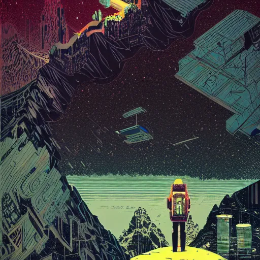Image similar to Stunningly intricate illustration of a cyberpunk explorer overlooking a moving mountain by a lake, highly detailed, midnight, by Victo Ngai and James Gilleard , Moebius, Laurie Greasley