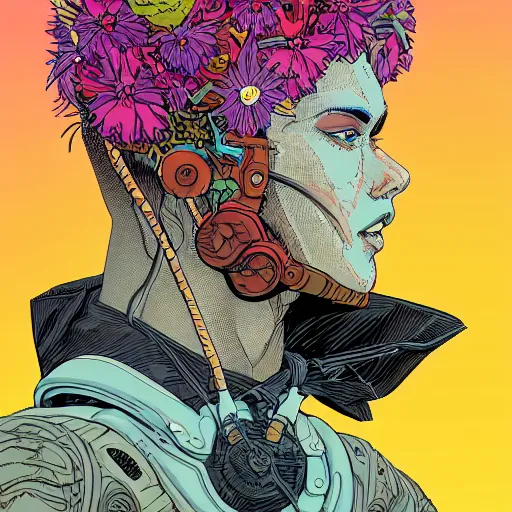 Prompt: detailed comic illustration of a beautiful flower growing out of the head of a young mixed race explorer's head, cyberpunk headpiece, intricate details, vibrant, negative space, by Laurie Greasley and Geof Darrow, highly detailed, 8k wallpaper