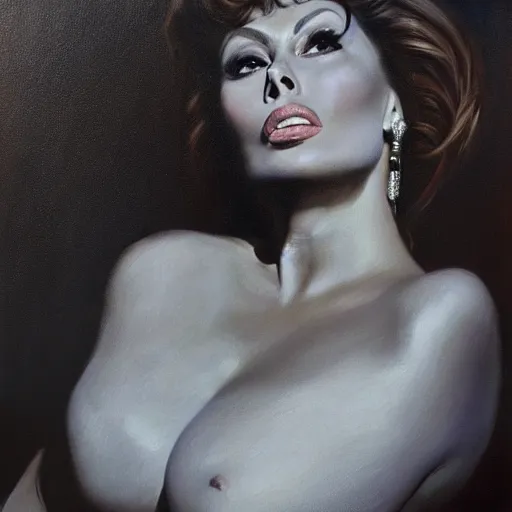 Prompt: stunning serene portrait of Sophia Loren by Mark Arian, oil on canvas, masterpiece, realism, piercing gaze, autumn bokeh