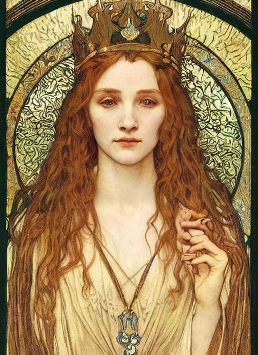 Image similar to detailed realistic beautiful young medieval queen face portrait by jean delville, alphonse mucha, vincent van gogh, and marco mazzoni, art nouveau, symbolist, visionary, gothic, pre - raphaelite