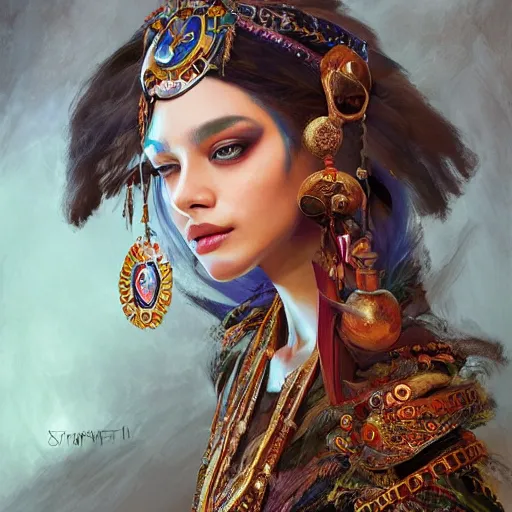 Prompt: A masterpiece portrait of a Incredibly beautiful queer Syberian shaman girl . medium shot, intricate, elegant, highly detailed. trending on artstation, digital art, by Stanley Artgerm Lau, WLOP, Rossdraws, James Jean, Andrei Riabovitchev, Marc Simonetti, Yoshitaka Amano