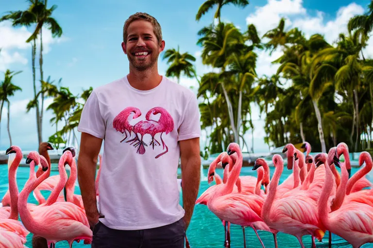 Prompt: paul walker surrounded by flamingos, posing, smiling, miami, florida, 3 5 mm, f / 2. 8, full resolution