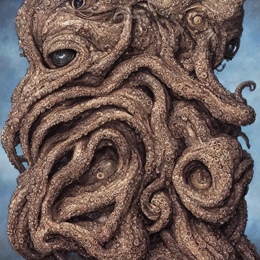 Image similar to beautiful and exotic octopus head bust portrait, glowering judging eyes, art nouveau declotage, perfect symmetrical facial features, hyperrrealistic bone structure, extremely hyperdetailed, mixed media painting, unreal engine, 8 k, octane, 8 mm, by travis charest, rodney matthews and chris achilleos
