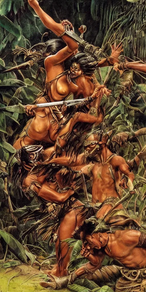 Image similar to battle in jungle, brutal aztec and Amazonian fight, epic, vintage, blood, slight inspiration of Boris vallejo and apocalypto, war photography