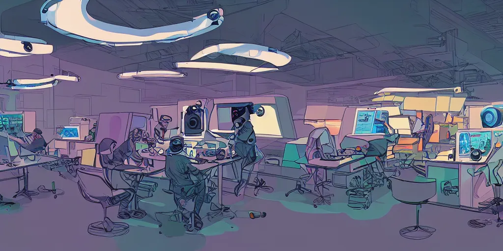 Image similar to retrofuturistic innovation hub for startups and small businesses working with virtual reality, augmented reality, AI, 5G and crypto by syd mead and ron cobb