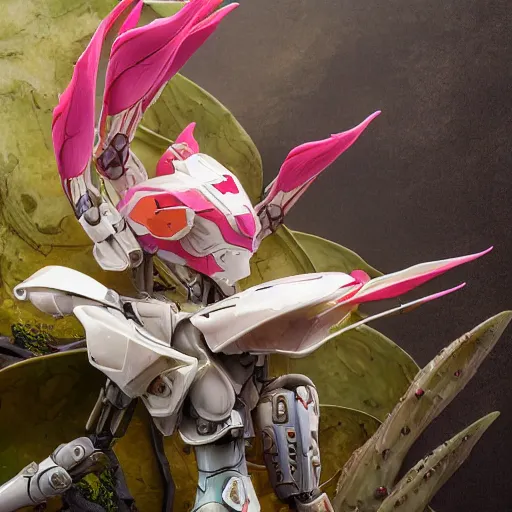 Image similar to futuristic nymphaea themed mecha waterlily upper body, sepals forming helmet, highly detailed, nymphaea, 8 k hd resolution, barbatos gundam with floral inlay, bandai box art, star wars, makoto kobayashi, frank gehry, raymond swanland