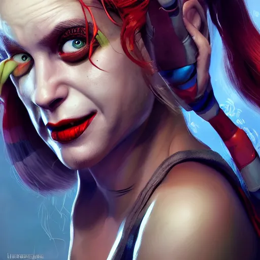 Prompt: portrait of harley quinn as shehulk,, au naturel, hyper detailed, digital art, trending in artstation, cinematic lighting, studio quality, smooth render, unreal engine 5 rendered, octane rendered, art style by klimt and nixeu and ian sprigger and wlop and krenz cushart.