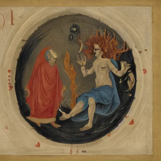 Image similar to a horror vacui depicting birth death God and the devil,