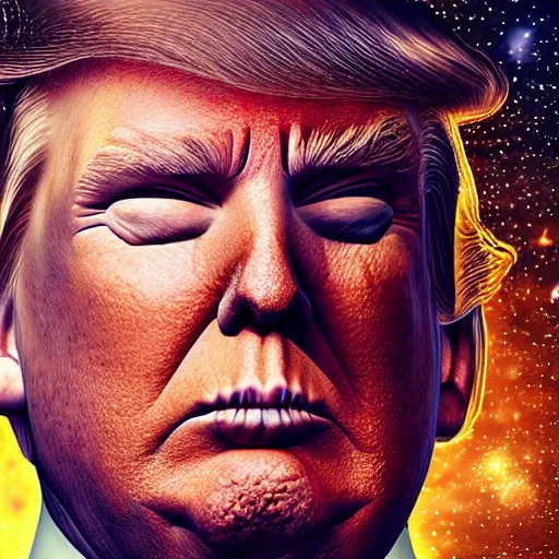 Prompt: donald trump portrait made out of galaxies, beautiful, cyborg, cinematic comic book art, realistic, highly detailed, octane render