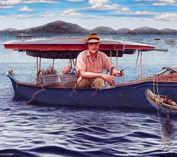 Image similar to Tom hanks as forrest fishing for shrimp in a giant shrimp boat, majestic beautiful world, surrealism painting, amazing detail