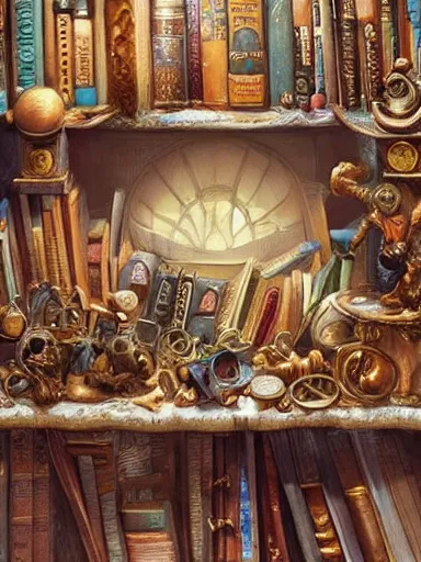 Image similar to a really messy shelf, full of different trinkets and books. intricate, elegant, highly detailed, digital painting, artstation, concept art, sharp focus, illustration, by justin gerard and artgerm, 8 k