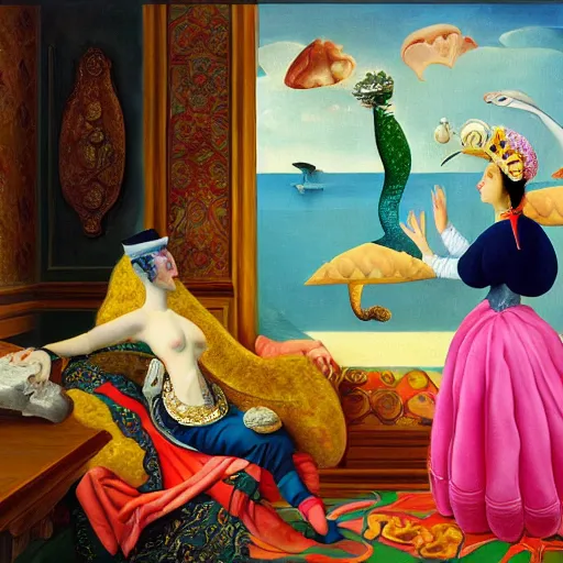 Image similar to a highly detailed oil painting of a pink dolphin queen and a pangolin king ruling a cheese kingdom where everything is made from different types of cheese, surreal, 4 k, trending on art station, in the style of dali, boch, matisse caravaggio, comical