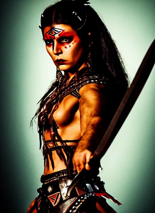 Prompt: vintage movie frame with Mia As aztec rich warrior fights barbarians with glowing knifes , looks directly at camera, vertical composition, inspired by monster hunter and dark fantasy and fashion, beautiful body, clean brutal blooded symmetrical face, brutal bloody and sluty make up, epic,dramatic lighting, cinematic, establishing shot, extremely high detail, photorealistic, brutal, provocative , cinematic lighting, artstation, octane render, dark fantasy ,old photo, vintage, black and white, Boris vallejo, sepia, old photography, documentary photography