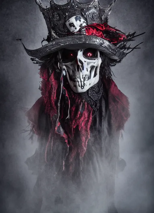Image similar to the ghost - spirit of the grim - hatter wears the scarlet skull armor and blood crown, midnight fog - mist!, cinematic lighting, various refining methods, micro macro autofocus, ultra definition, award winning photo