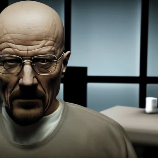 Image similar to Walter White from Breaking bad dying of laughter, cinematic lighting, photorealism,