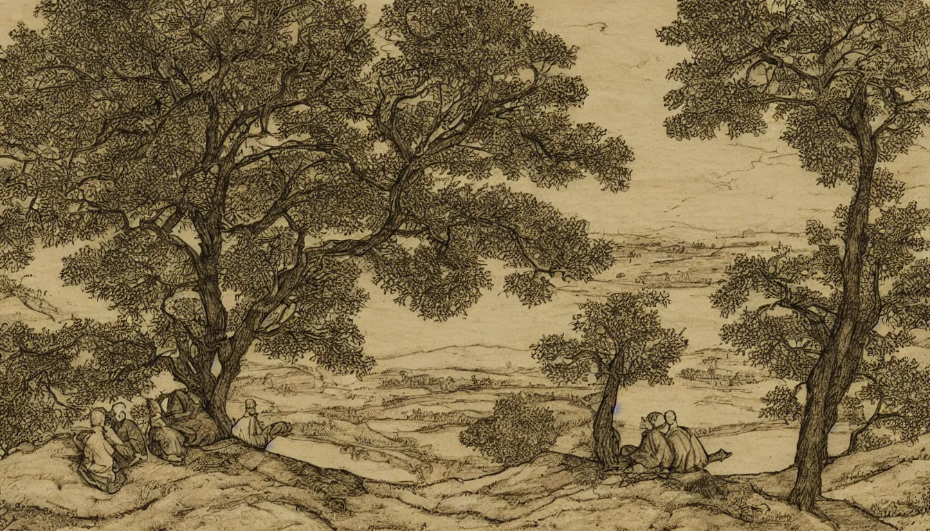 Image similar to a couple sits on a hill overlooking a river, yellowed paper, wind blown trees, pen and ink, 1 5 0 0 s, 8 k resolution