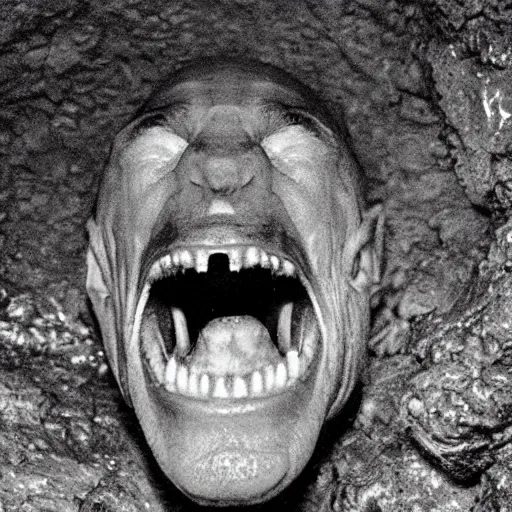 Image similar to photo inside a cavern of a wet reptilian humanoid putin with black eyes, open mouth and big teeth, partially hidden behind a rock