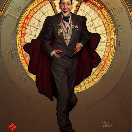 Image similar to full portrait of peewee herman king of thieves, fantasy, d & d, intricate, detailed, by by alphonse mucha, adolfo hohenstein, alice russell glenny, stanley artgerm lau, greg rutkowski, detailed, trending on artstation, trending on artstation, smooth