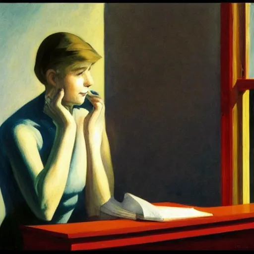 Prompt: Edward Hopper (* 22. Juli 1882 in Nyack, New York; † 15. Mai 1967 in New York City, New York) war ein amerikanischer Maler des Amerikanischen Realismus. Hoppers in kühler Farbgebung gehaltene realistische Bilder weisen auf die Einsamkeit des modernen Menschen und Leere des modernen Lebens hin.[1] Er gilt als Chronist der US-amerikanischen Zivilisation.