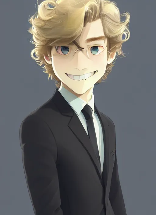 Image similar to young man with medium - length, curly, golden hair, perfectly proportioned face, aquamarine eyes, sweet smile, wearing a black suit, natural lighting, path traced, highly detailed, high quality, animation art, digital painting, by new haicheng and studio ghibli