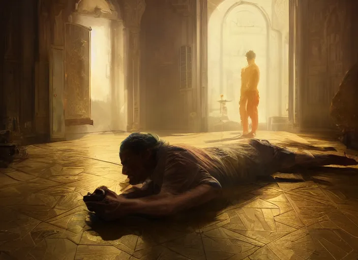 Prompt: the rich golden house and silhouette man lying on the floor alone around volumetric lighting, digital painting, highly detailed, artstation, sharp focus, illustration, concept art, ruan jia, steve mccurry, amazing composition