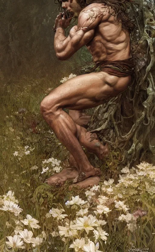 Image similar to god of the forest, rugged, handsome, male, detailed face, clean lines, atmospheric lighting, amazing, full body, thighs, flowers, muscular, intricate, highly detailed, digital painting, deviantart, concept art, sharp focus, illustration, art by greg rutkowski and alphonse mucha