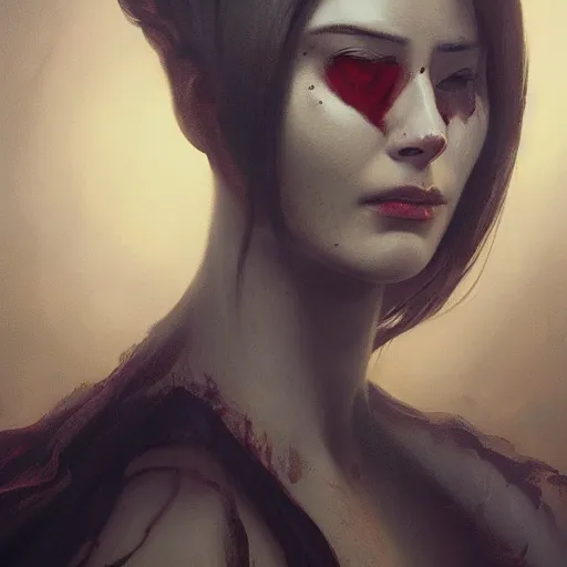 Prompt: painting of a noseless woman, sad, cry, gloomy, blood, fire, intricate, elegant, highly detailed, digital painting, artstation, concept art, matte, sharp focus, illustration, octane render, unreal engine, art by aenaluck and roberto ferri and greg rutkowski, epic fantasy, digital painting