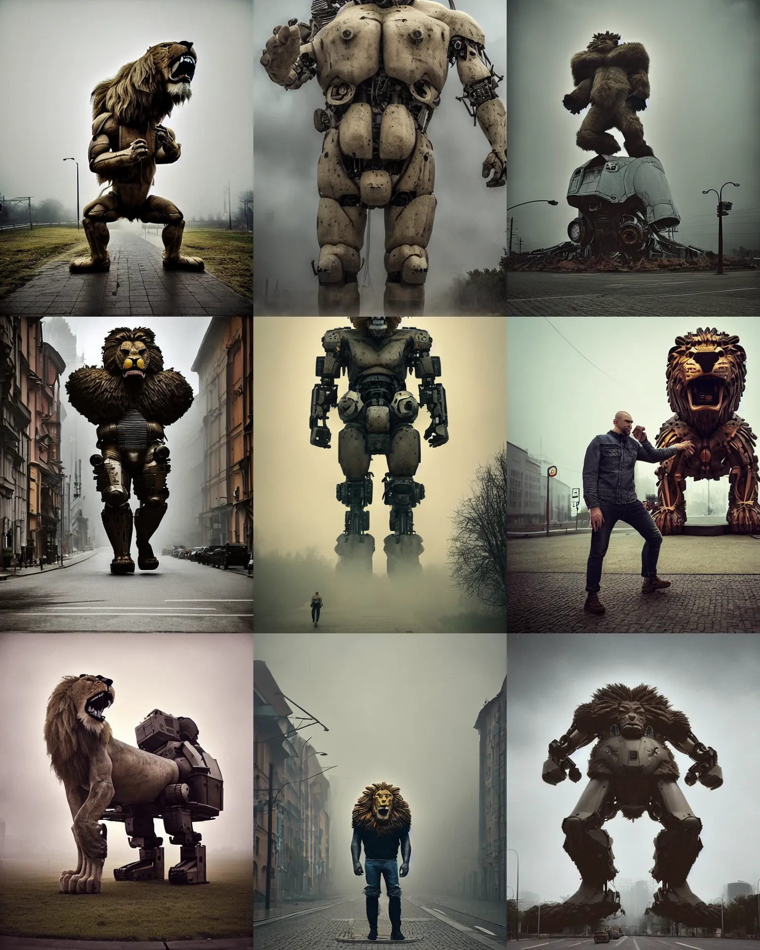 Prompt: epic pose!!! giant oversized cyborg anthropomorphic lion rugged hulked, in legnica, full body, cinematic focus, polaroid photo, vintage, neutral dull colors, soft lights, foggy mist, by oleg oprisco, by thomas peschak, by discovery channel, by victor enrich, by gregory crewdson