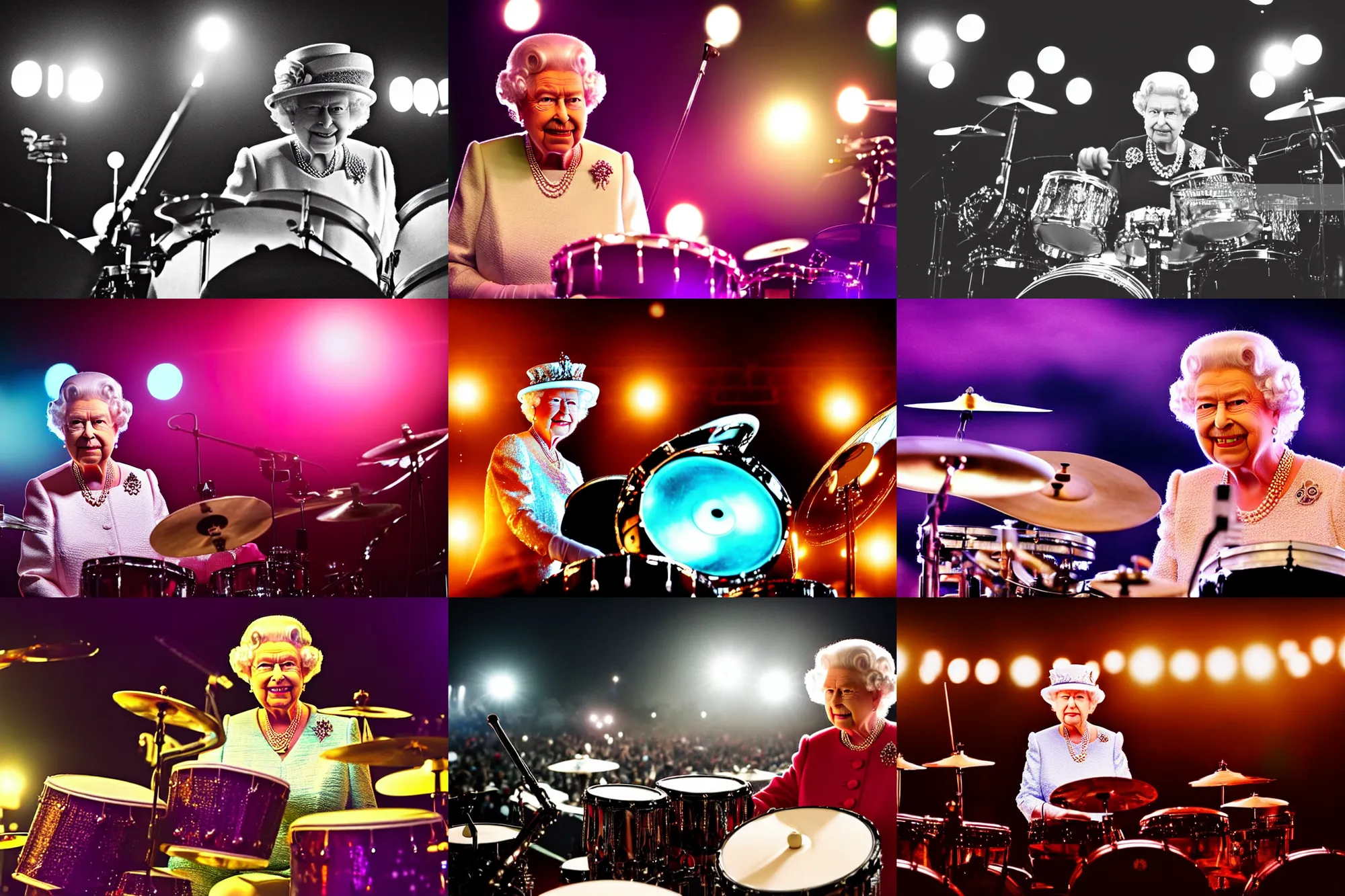 Prompt: queen elizabeth playing drums on stage at a music festival, at night, photograph, depth of field, bokeh