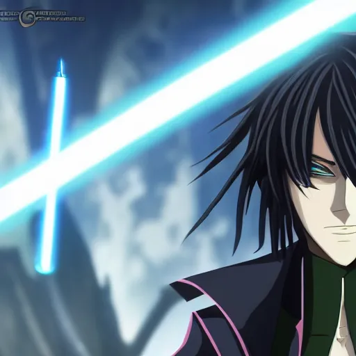 eccentric Lelouch Lamperouge holding a lightsaber