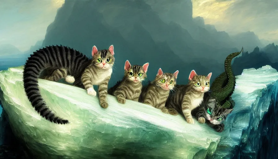 Image similar to highly detailed painting of cute baby furry green dragon kitty cats on a blue and white iceberg by william turner, by greg rutkowski, by william constable, thick brush strokes and visible paint layers, 4 k resolution