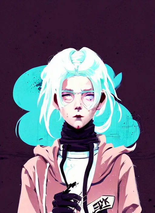 Image similar to highly detailed portrait of a city punk lady student, blue eyes, hoodie, white hair by atey ghailan, by greg rutkowski, by greg tocchini, by james gilleard, by joe fenton, by kaethe butcher, gradient cyan, black, brown and pink color scheme, grunge aesthetic!!! ( ( graffiti tag wall background ) )