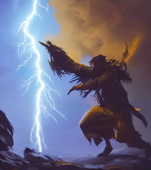 Prompt: a wizard summoning lightning from the sky, glowing yellow eyes, intricate, highly detailed, artstation, concept art, perfect composition, dynamic lighting, illustration, volumetric lighting, illustration, sharp focus, art by A. Shipwright