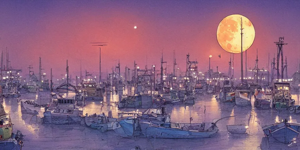 Prompt: a harvest moon in the sky over a fishing boat harbor, fishing boats docked, a few street lights, in the style of Jordan grimmer and Moebius