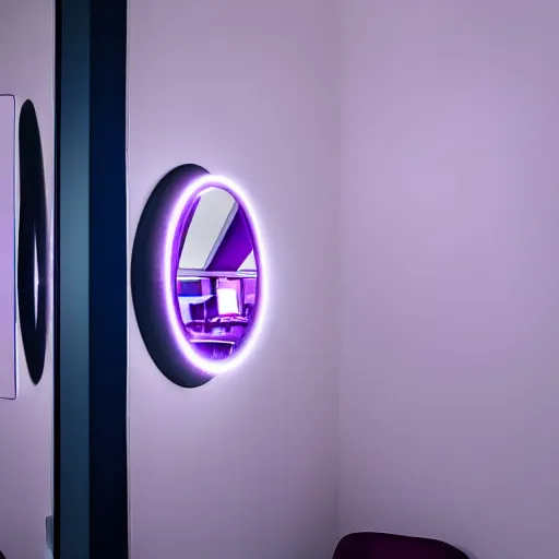 Image similar to mirror infront of mirror reflecting a small purple light infinitely, 4k, 40nm lens