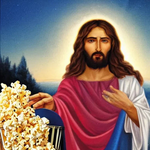 Image similar to jesus holding a big bucket of popcorn