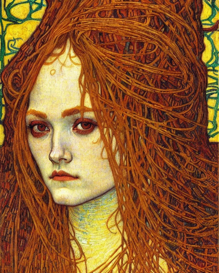 Image similar to detailed realistic beautiful young medieval queen face portrait by jean delville, gustav klimt and vincent van gogh, art nouveau, symbolist, visionary, gothic, pre - raphaelite, muted earthy colors, desaturated