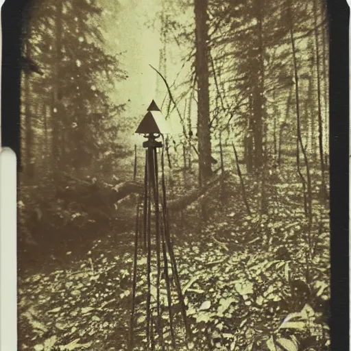 Image similar to old polaroid depicting a small intricate metallic alien probe, standing in a forest clearing