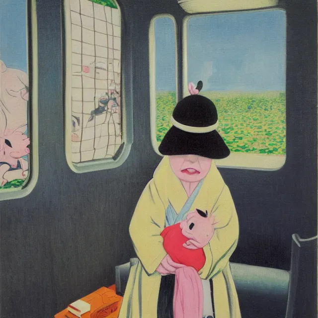 Image similar to tall emo female artist holding small portraits and piglet on a train, wearing a kimono, on yamanote line in japan, tokyo station, summer, sweat, ice coffee, pigs, octopus, acrylic on canvas, surrealist, by magritte and monet