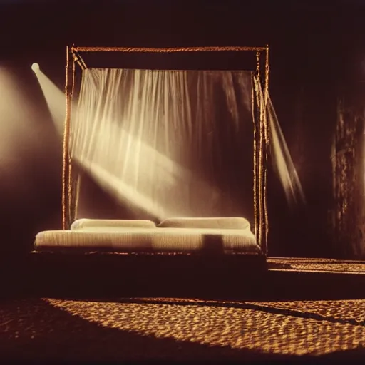 Image similar to a king-sized bed, on the dancefloor at a nightclub, studio lighting, chiaroscuro