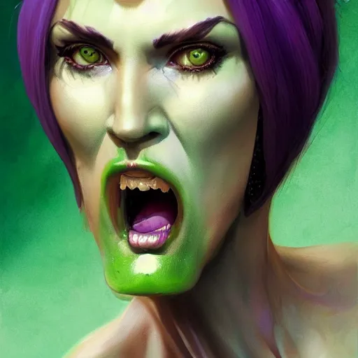 Image similar to a face portrait of a purple haired human woman, with a green tongue, by dorian cleavenger, greg rutkowski, wlop, trending on artstation