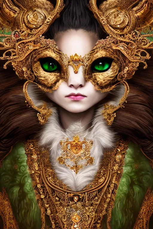 Image similar to a beautiful empress portrait, with a brilliant, impossible striking big Cat headpiece, clothes made of cats, everything cats, symmetrical, dramatic studio lighting, rococo, baroque, greens, asian, hyperrealism, closeup, D&D, fantasy, intricate, elegant, highly detailed, digital painting, artstation, octane render, 8k, concept art, matte, sharp focus, illustration, art by Artgerm and Greg Rutkowski and Alphonse Mucha