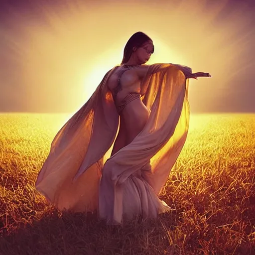 Image similar to absolutely stunning beautiful virgin dancing in summer field in dramatic lighting, perfectly made by Greg Rutkowski, indentical beautiful eyes, perfect beautiful hands, perfect beautiful body, dramatic shadows, dramatic details, dramatic zoom, dramatic closeups, dramatic portrait , dramatic lenses, dramatic GFX, dramatic everything, trendind everywhere, dramatic national geographic award winning, dramatic digital art